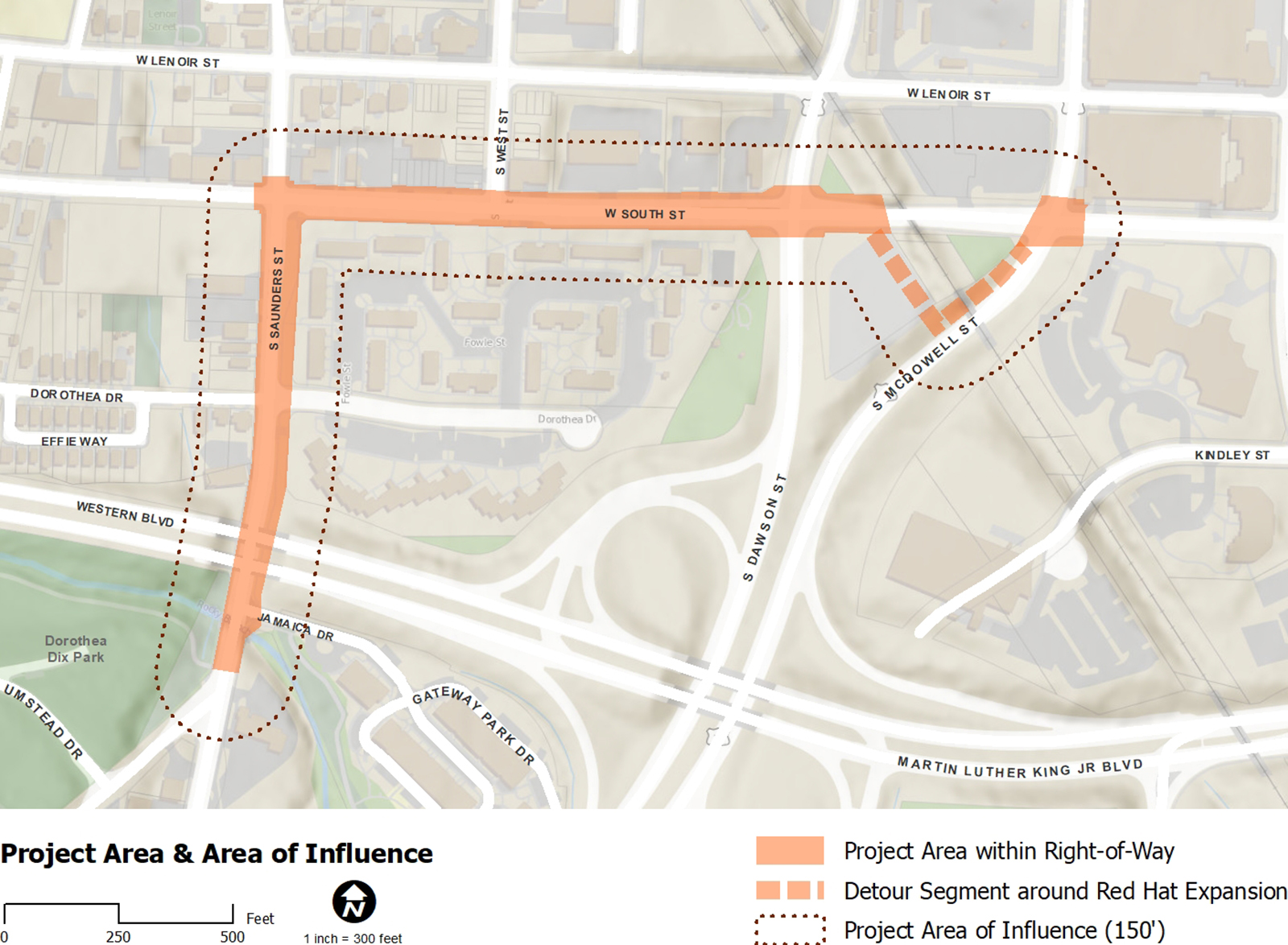 Map of The Strollway: Fourth Ward project area and area of influence along S. Saunders St. and W. South St.